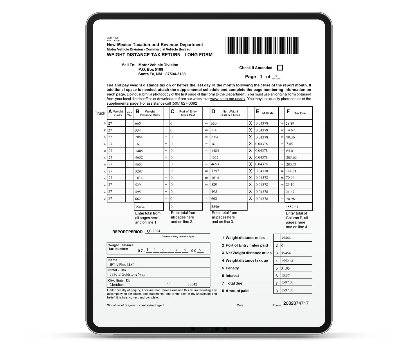 IFTA Plus software mockup of New Mexico Weight Distance Tax Return form